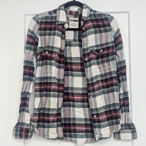 AMERICAN EAGLE Ahh-mazingly Soft Boyfriend Fit Plaid Flannel Green Cream XXS AE